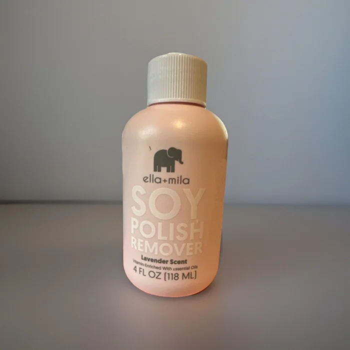 ella+mila soy-based non-acetone nail polish remover bottle with clean, minimalist label and natural ingredients