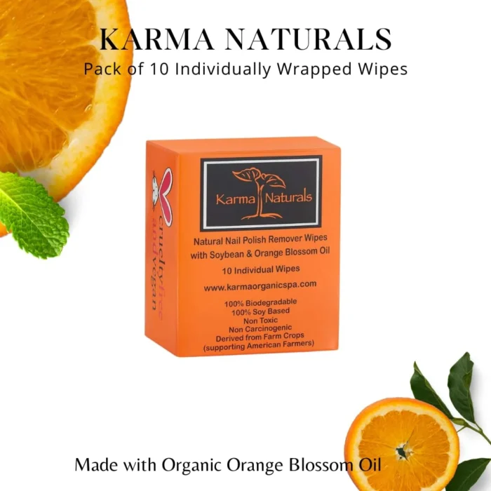 natural soy-based nail polish remover wipes with orange blossom oil in eco-friendly packaging